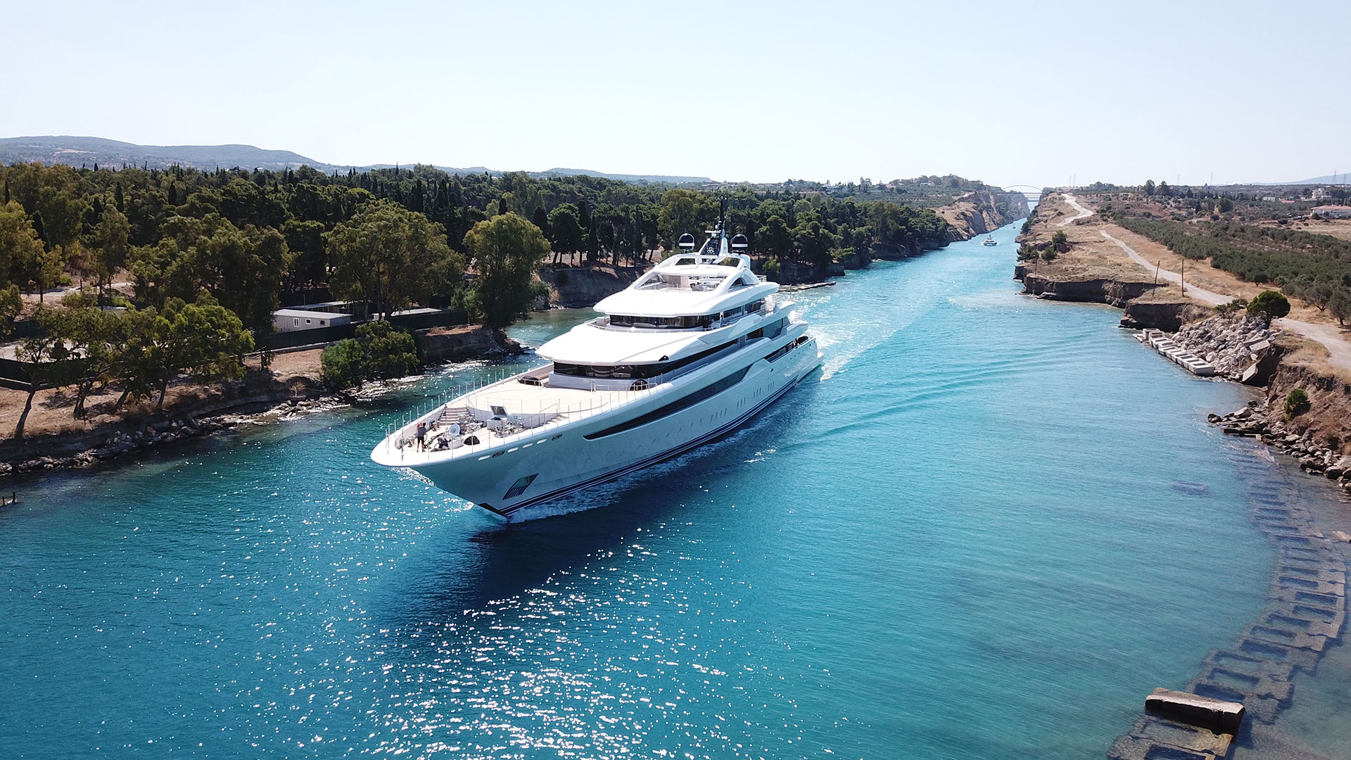 Aerial view of the Corinth Canal in Greece preparing for the June 2026 reopening and 24/7 ship transit